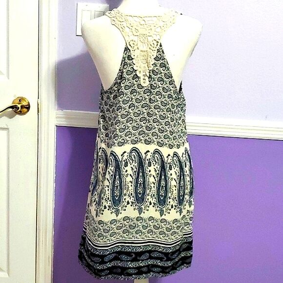 Rhapsody Navy & Cream Paisley Multipattern Lace Boho Flowy Mini Dress - Picture 5 of 8